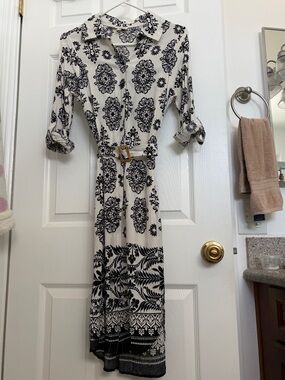 fig and flower Black and White Printed Long Sleeve Shirt Dress